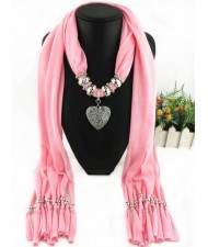 Classic Pearl and Alloy Heart Pendant Fashion Scarf Necklace - Pink