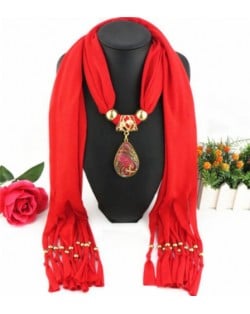 Classical Gem Waterdrop Pendant Fashion Scarf Necklace - Dark Red