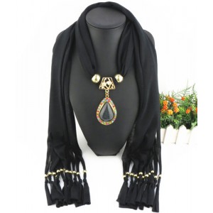 Classical Gem Waterdrop Pendant Fashion Scarf Necklace - Black