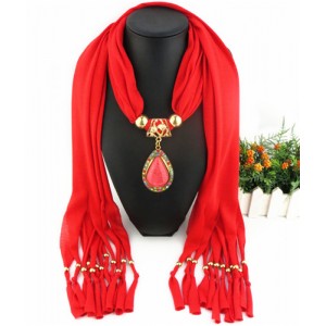 Classical Gem Waterdrop Pendant Fashion Scarf Necklace - Red