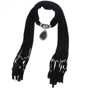 Folk Fashion Waterdrop Pendant Scarf Necklace - Black