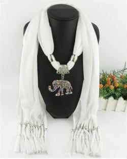 Colorful Gems Inlaid Elephant Pendant Fashion Scarf Necklace - White