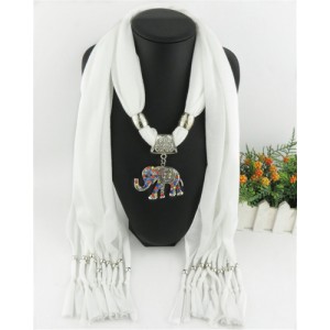 Colorful Gems Inlaid Elephant Pendant Fashion Scarf Necklace - White