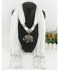 Colorful Gems Inlaid Elephant Pendant Fashion Scarf Necklace - White