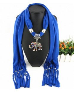 Colorful Gems Inlaid Elephant Pendant Fashion Scarf Necklace - Royal Blue