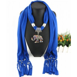 Colorful Gems Inlaid Elephant Pendant Fashion Scarf Necklace - Royal Blue
