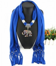 Colorful Gems Inlaid Elephant Pendant Fashion Scarf Necklace - Royal Blue