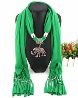 Colorful Gems Inlaid Elephant Pendant Fashion Scarf Necklace - Green