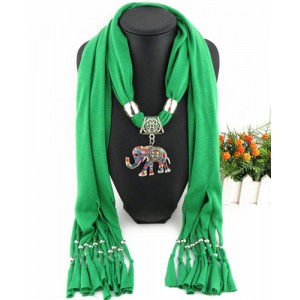 Colorful Gems Inlaid Elephant Pendant Fashion Scarf Necklace - Green