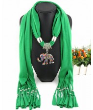 Colorful Gems Inlaid Elephant Pendant Fashion Scarf Necklace - Green