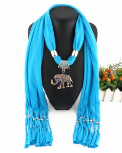 Colorful Gems Inlaid Elephant Pendant Fashion Scarf Necklace - Blue