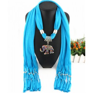 Colorful Gems Inlaid Elephant Pendant Fashion Scarf Necklace - Blue