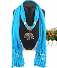 Colorful Gems Inlaid Elephant Pendant Fashion Scarf Necklace - Blue
