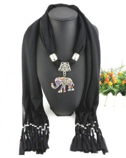 Colorful Gems Inlaid Elephant Pendant Fashion Scarf Necklace - Black