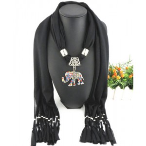 Colorful Gems Inlaid Elephant Pendant Fashion Scarf Necklace - Black