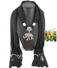 Colorful Gems Inlaid Elephant Pendant Fashion Scarf Necklace - Black