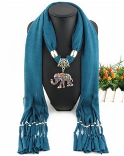 Colorful Gems Inlaid Elephant Pendant Fashion Scarf Necklace - Ink Blue