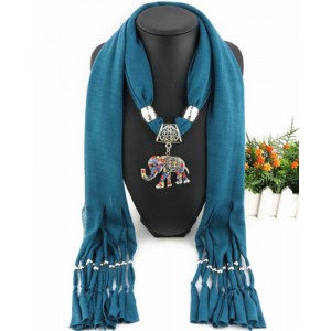 Colorful Gems Inlaid Elephant Pendant Fashion Scarf Necklace - Ink Blue