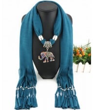 Colorful Gems Inlaid Elephant Pendant Fashion Scarf Necklace - Ink Blue