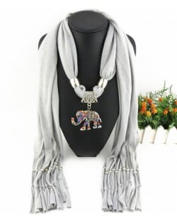 Colorful Gems Inlaid Elephant Pendant Fashion Scarf Necklace - Gray