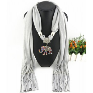 Colorful Gems Inlaid Elephant Pendant Fashion Scarf Necklace - Gray