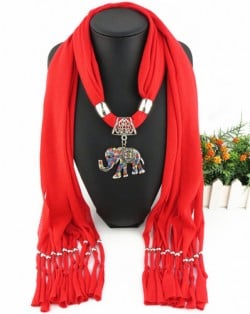 Colorful Gems Inlaid Elephant Pendant Fashion Scarf Necklace - Red