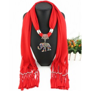 Colorful Gems Inlaid Elephant Pendant Fashion Scarf Necklace - Red