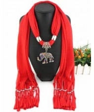 Colorful Gems Inlaid Elephant Pendant Fashion Scarf Necklace - Red