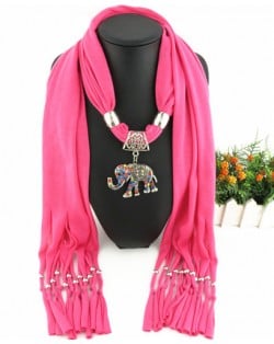 Colorful Gems Inlaid Elephant Pendant Fashion Scarf Necklace - Rose