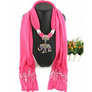 Colorful Gems Inlaid Elephant Pendant Fashion Scarf Necklace - Rose