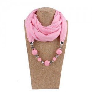 Round Bead Pendant Fashion Scarf Necklace - Pink