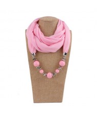 Round Bead Pendant Fashion Scarf Necklace - Pink