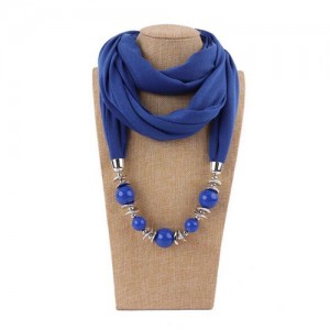 Round Bead Pendant Fashion Scarf Necklace - Blue
