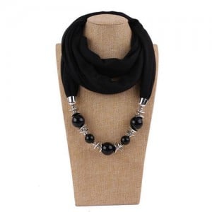 Round Bead Pendant Fashion Scarf Necklace - Black
