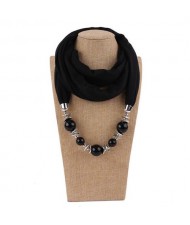 Round Shape Lily Pendant Fashion Scarf Necklace - Black