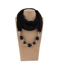 Round Bead Pendant Fashion Scarf Necklace - Black