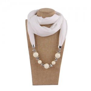 Round Bead Pendant Fashion Scarf Necklace - White