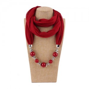 Round Bead Pendant Fashion Scarf Necklace - Red