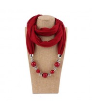 Round Bead Pendant Fashion Scarf Necklace - Red