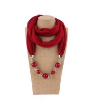 Round Bead Pendant Fashion Scarf Necklace - Red