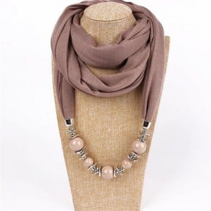 Round Bead Pendant Fashion Scarf Necklace - Brown