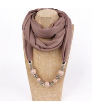 Round Bead Pendant Fashion Scarf Necklace - Brown