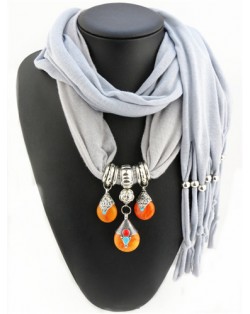 Triple Gem Waterdrops Pendant Fashion Scarf Necklace - Gray