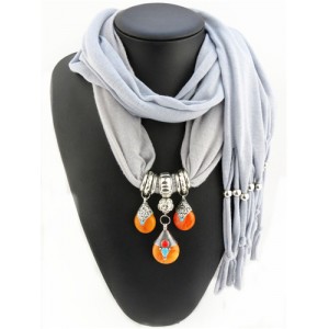 Triple Gem Waterdrops Pendant Fashion Scarf Necklace - Gray