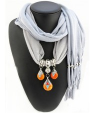 Triple Gem Waterdrops Pendant Fashion Scarf Necklace - Gray