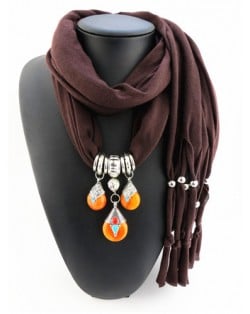 Triple Gem Waterdrops Pendant Fashion Scarf Necklace - Coffee