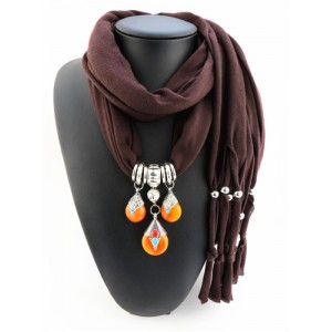 Triple Gem Waterdrops Pendant Fashion Scarf Necklace - Coffee