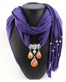 Triple Gem Waterdrops Pendant Fashion Scarf Necklace - Purple