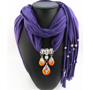 Triple Gem Waterdrops Pendant Fashion Scarf Necklace - Purple