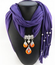 Triple Gem Waterdrops Pendant Fashion Scarf Necklace - Purple